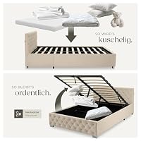 tectake® Polsterbett, 140x200cm, LED Beleuchtung, Fernbedienung, Belastbarkeit 250 kg, Stauraum, Gasdruckfeder, Chesterfield, Doppelbett, Bettgestell, Lattenrost, Schlafzimmermöbel - Samtoptik Sand – Ansicht 7