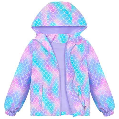 OlyPegic Girls Rain Jacket Waterproof Hooded Fleece Lined Lightweight Windbreaker Kids Outdoor Jackets Windproof Raincoats for Toddler Mermaid 4-9T