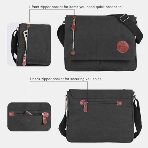 Mactso Vintage Canvas Messenger Bag for Men Women, 13.5 Inch Laptop Satchel Shoulder Bag with Multiple Pockets, Crossbody Bag for Work Travel College (Black) by Mactso - Image 5