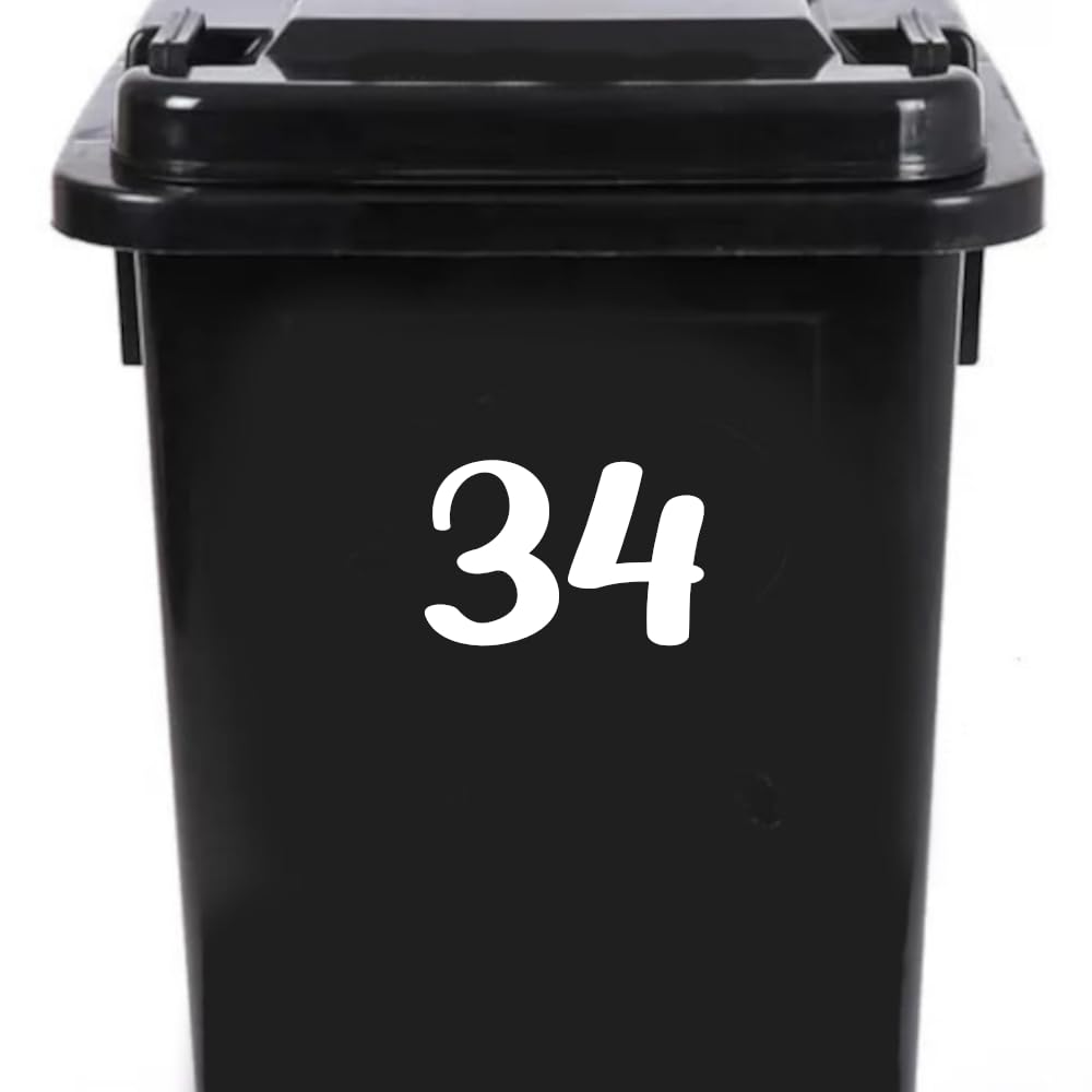 Pack of 4 House Number Wheelie Bin Stickers - Waterproof Decals - Easy-to-Apply - Recycling Boxes - Party Decorations (34)