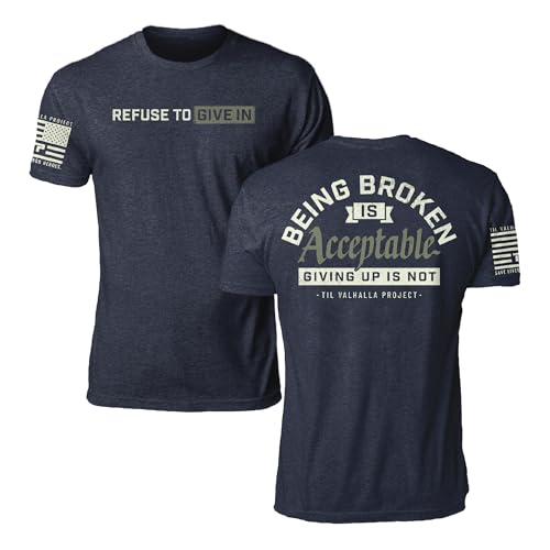 Til Valhalla Project Being Broken Graphic Tee American Flag Gifts for Men Mens Shirts for Gym & Fitness T-Shirts for Men Proudly Printed in The USA Navy Large