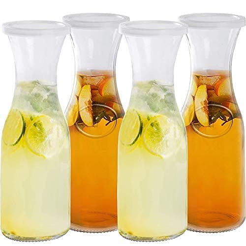 Estilo Glass Carafe Pitcher - Cocktail Beverage & Water Carafe With Lids - Narrow Neck Design, 1 Liter (33oz) Set of 4, Clear