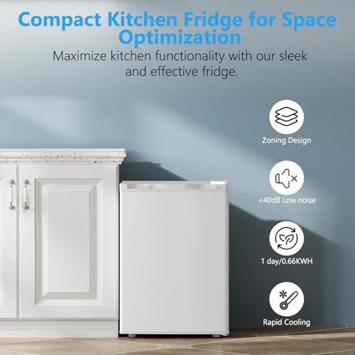 Image of COWSAR 2.6 Cu.Ft Mini Fridge with Freezer, Single-Door Compact Refrigerator, 7 Settings Temperature Adjustable, 2 Removable Shelves, Commercial Small fridge for Bedroom, Office, Kitchen, Dorm, White