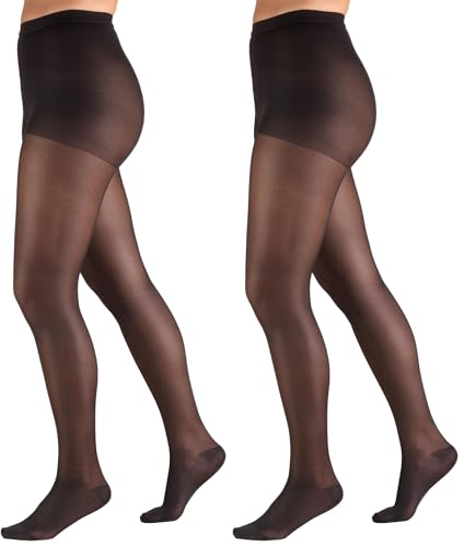 Image of Truform Sheer Compression Pantyhose, 15-20 mmHg, Women's Shaping Tights, 20 Denier, Black, Tall (Pack of 2)