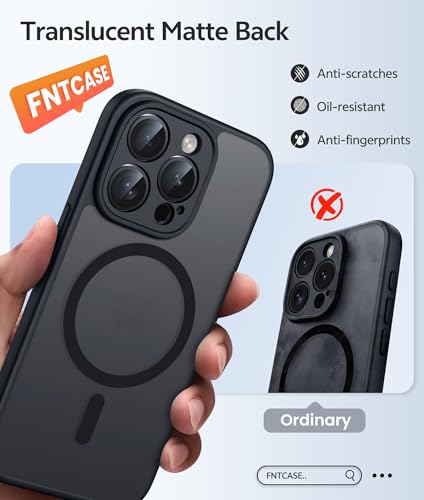 Image of FNTCASE for iPhone 15 Pro Max Case: [Compatible with Magsafe] Translucent Matte Cases with [Full Camera Protection] [Screen Protector] Military Grade Shockproof Protective Phone Cover - Black