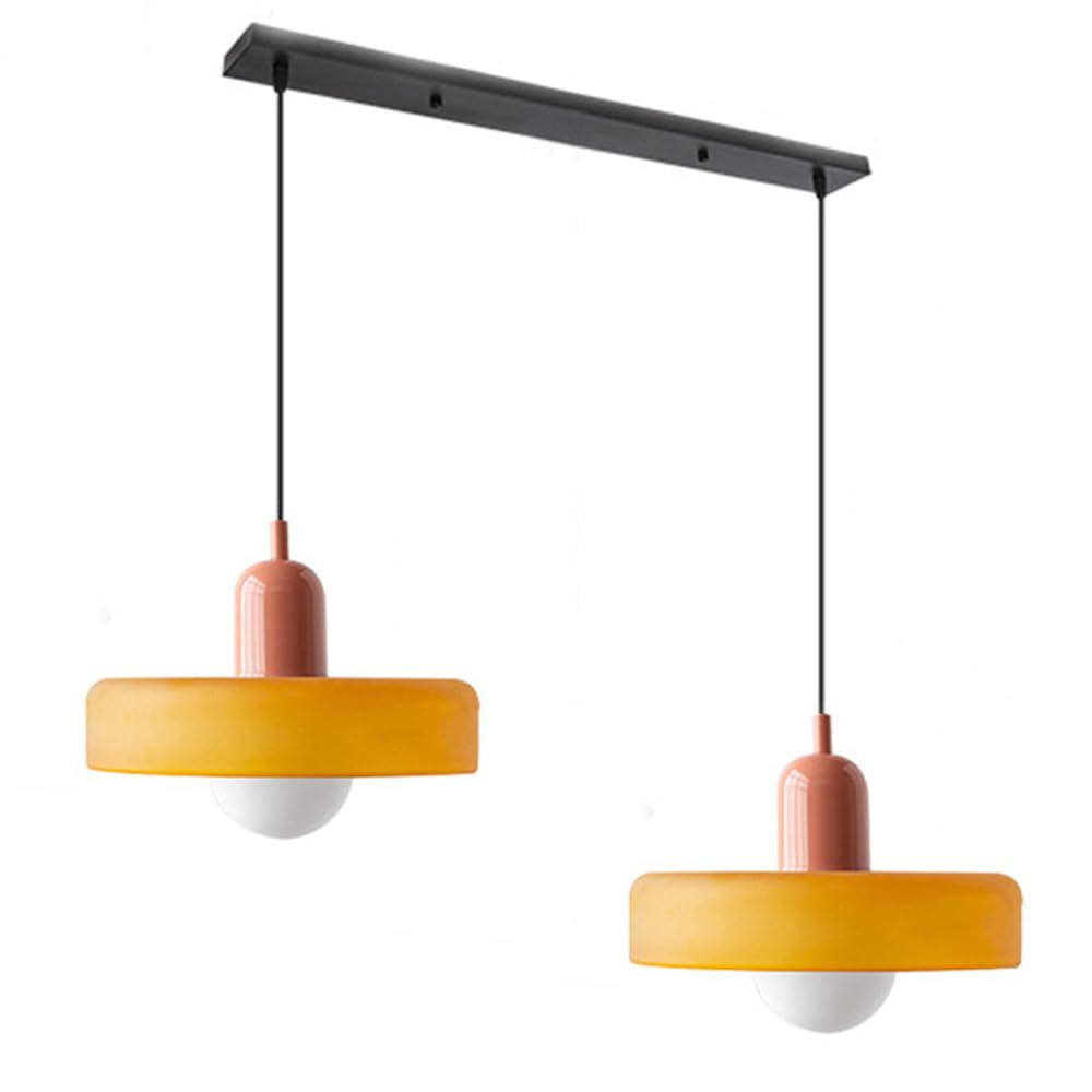 GGBBJJ 2 Lights Industrial Vintage Glass Pendant Light Mid Century Modern Orange Hanging Ceiling Lamp Linear Farmhouse Large Chandelier for for Kitchen Bedroom Dining Room Loft, with White Bulb