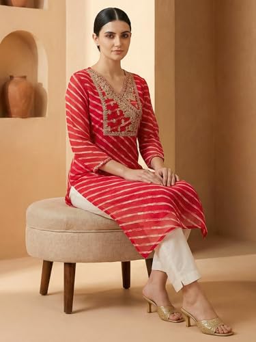 Image of INDO ERA Women's Georgette Leheriya Printed Straight Calf Length Kurtas (IEAI12232)