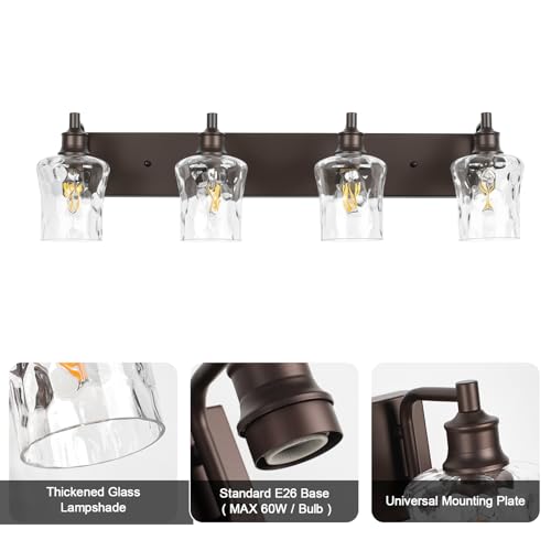 Image of Bathroom Light Fixtures Farmhouse Oil Rubbed Bronze Vanity Lights for Bathroom Lighting Fixtures Over Mirror with Hammered Glass Lampshade for Cabinet Mirror Bedroom Hallway 4 Light