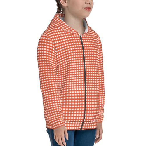Orange Gingham Kids Pullover Hoodies Boys Zip Up Sweatshirts Girls Athletic Clothes with Pocket4