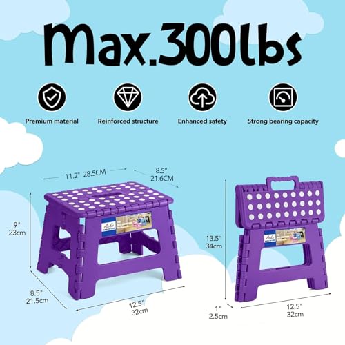 Image of ACKO Folding Step Stool 9 Inch 300 lb Capacity, Plastic Foldable Step Stools for Kids and Adults, Folding Stools Suitable for Kitchen, Stepping Stool with Handle Purple 1PC