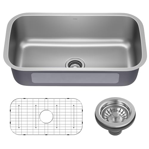 KRAUS Premier 32 3/8 inch Undermount Single Bowl 18-Gauge Stainless Steel Kitchen Sink with Bottom Grid and Strainer, KBU44 by Kraus - Used condition - US$157.47