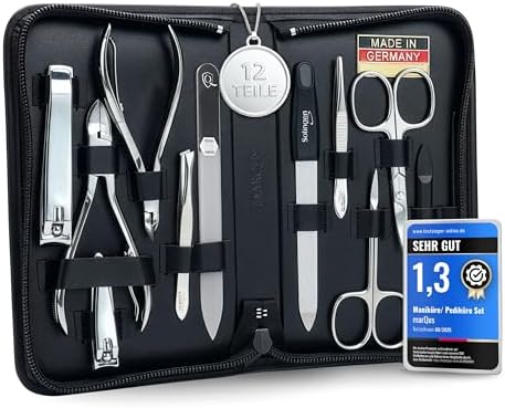 Manicure Set Women and Men โ 12-Piece Professional Grooming Kit with Premium Tools, Genuine Leather Case, and exclusive Glass Nail File for Hand & Foot Care, German Quality