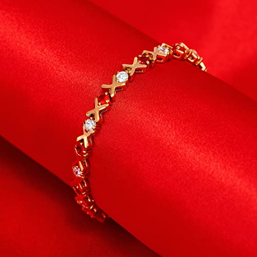 Lifetime Jewelry Hugs And Kisses Cubic Zirconia Diamond Classic Tennis Bracelet For Women | Tennis Bracelet Men | Gold Bracelets For Women 24K Gold Plated | Size 7-8 Inch (Red & White, 8) #TOP2