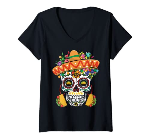 Womens Dia De Los Muertos Mexico Taco Mexico Happy Cinco De Mayo V-Neck T-Shirt