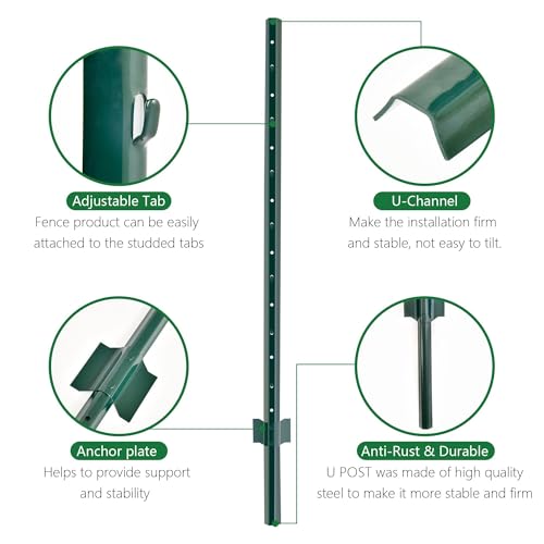 YESON 10 Pack 7 Feet Green Fence Post, Sturdy T Post & U Post Metal Stakes for Garden Fence, T Posts for Garden Patio & Lawn by YESON - Image 3