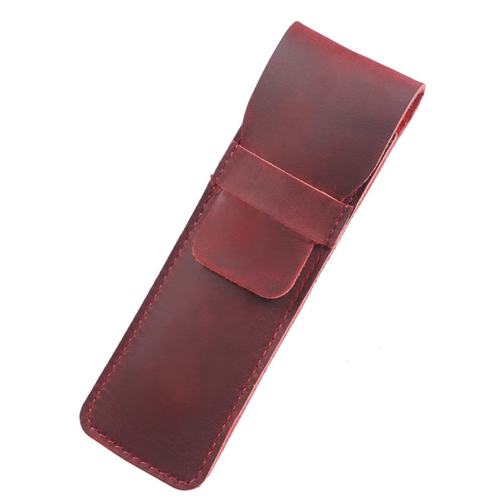 Leather Pen and Pencil Case with Tuck in Flap, Crazy Horse Pen Holder for Stationery, Red (S)