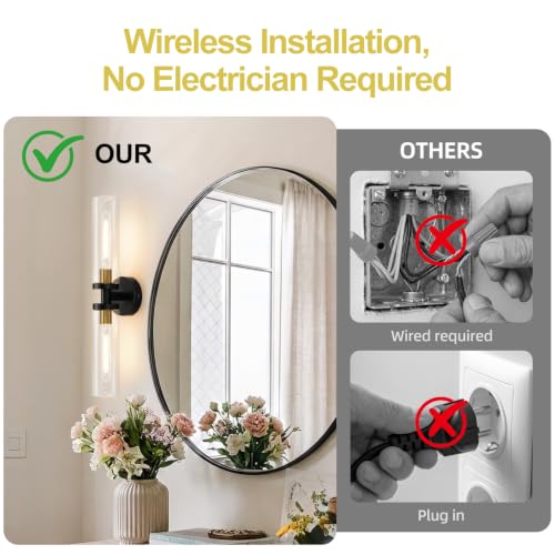 Image of Battery Operated Wall Sconces Set of Two, Black and Gold Wall Light fixtures with Wireless Remote Control,Rechargeable Dimmable Wall Sconces with 3000K Bulbs for Bathroom Mirror Living Room Bedroom