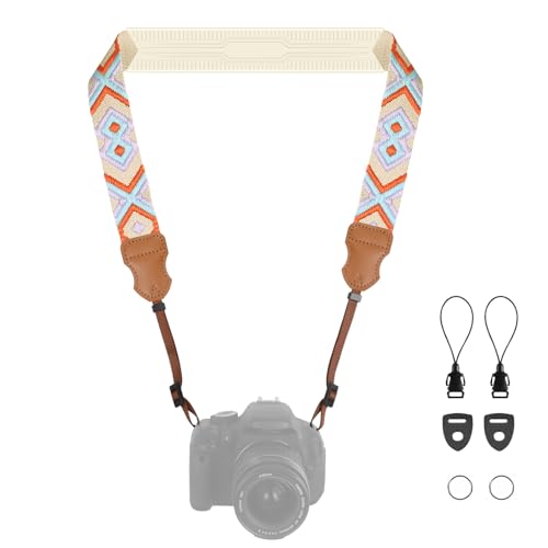 FIEIL Neck Strap Silicone Camera Straps - Padded Camera Strap, 1.5" Wide Adjustable Neck Strap - Compatible with Canon, Nikon, Sony, and More DSLR and Mirrorless Cameras (Orange purple khaki weave)