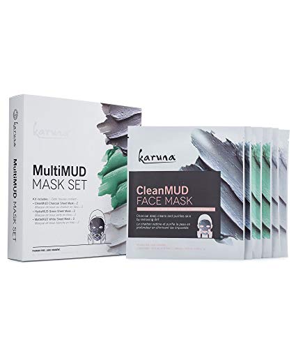 Karuna MultiMUD Facial Sheet Mask Set: Charcoal Sheet Mud Mask, Green Sheet Mud Mask, White Sheet Mud Mask, 6 Pack