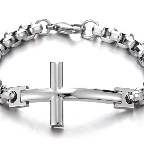 COOLSTEELANDBEYOND Mens Womens Stainless Steel Horizontal Sideway Lateral Cross Link Chain Bangle Bracelet, Polished3