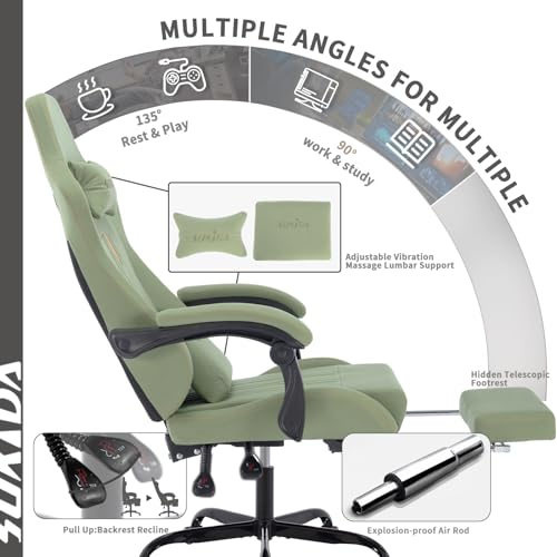 Image of Gaming Chair with Footrest Ergonomic Computer Chair Massage Lumbar Cushion, Racing Video Game Chair Adjustable Rocker Recliner Executive Office Desk Chair Fabric for Adults, Green