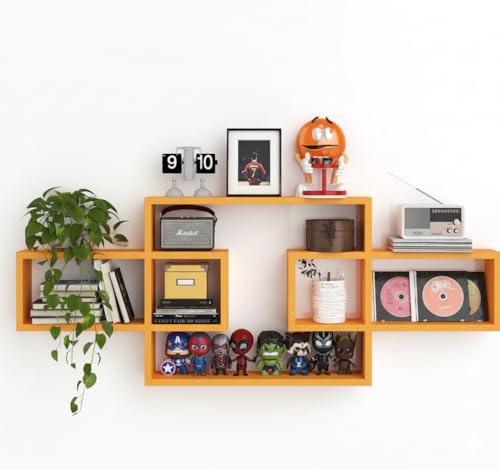 Image of Wooden Wall Shelves for Living Room, Bedroom Wall Mounted Rectangle Bookcase, Intersecting Wall Shelves for Storage Modern Decorative Display Shelves for Wall Decor (Orange)