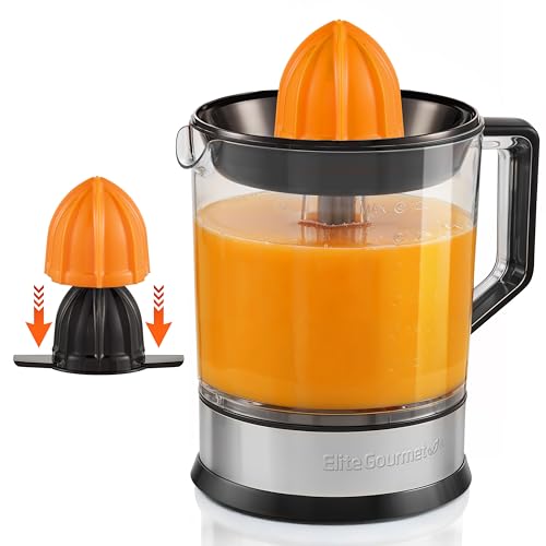 Comparison: Electric Juicer Machine 6 Elite Gourmet ETS740 BPA-Free Electric Citrus Juicer with 2 Cones, Compact, Large Volume, Pulp Control, Oranges, Lemons, Limes, Grapefruits with Easy Pour Spout, 1.2L, Black/Stainless Steel