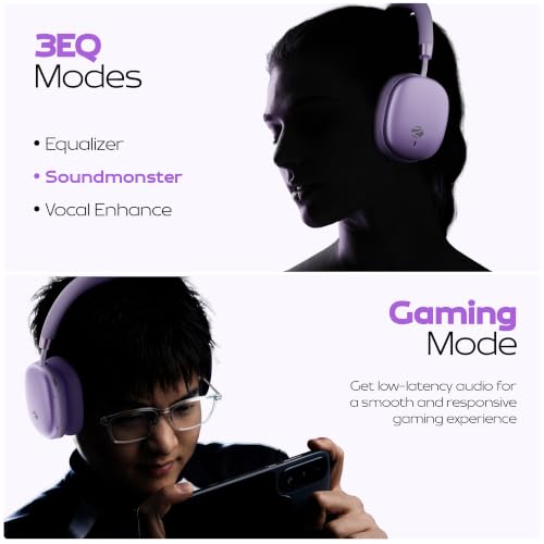Image of Zebronics Silencio 200T Wireless Headphones, Hybrid ANC 48dB, Upto 100Hrs Playback, 40mm Drivers, Dual Mic ENC, BT v6.0, Gaming Mode, Dual Pairing, Touch Controls, App Support, AUX (Purple)