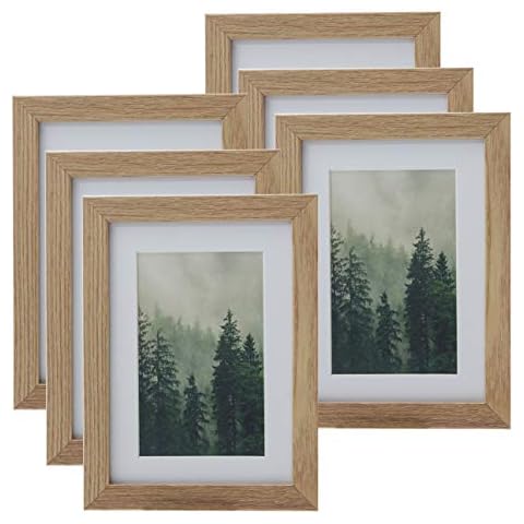 DUCIHBA 5 x 7 inch or 3.5 x 5.5 with Mat Picture Frames Tabletop Shelf Display or Wall Mount Vertically or Horizontally, Real Glass Acid Free Mat, Natural Oak Wood Grain Molding, Set of 6 Pack Cover