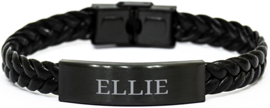 Gifts For Ellie - Trendy Custom Name ID Plate Bracelet Braided Leather Bracelet Christmas Birthday Gifts For Daughter Sister Mom Wife Granddaughter Aunt Friends Girls Women, Engraved Adjustable