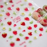 Jremg Strawberry Nail Art Stickers 5D Kawaii Strawberry Jelly Embossed Nail Decals Cute Small Flowers Green Leaves Designs Self-Adhesive Nail Stickers for Women Girls Nails Art Decorations