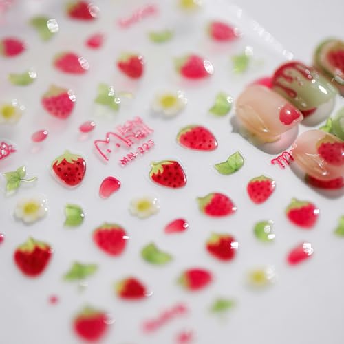 Jremg Strawberry Nail Art Stickers 5D Kawaii Strawberry Jelly Embossed Nail Decals Cute Small Flowers Green Leaves Designs Self-Adhesive Nail Stickers for Women Girls Nails Art Decorations