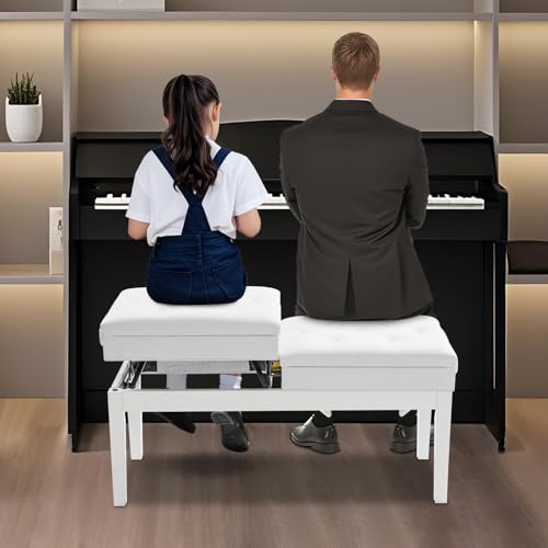 OMGGYER Taboret fortepianowy z regulacją wysokości, duża ławka fortepianowa dla 2 osób, drewniane krzesło duetowe z miejscem do przechowywania i poduszką ze skóry PU, obciążenie do 200 kg
