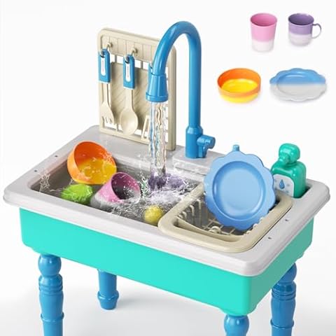 Doloowee Color Changing Kitchen Sink Toys,Electric Dishwasher Playing Toy Play Sink for Kids 3-5 with Running Water,Upgraded Faucet and Play Dishes,Pretend Play Kitchen Toys for Kids Boys Girls(Blue) Cover
