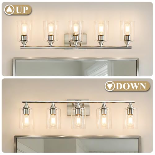 Image of 5-Light Vanity Lights for Bathroom,Brushed Nickel Bathroom Light Fixture,32 inch Wall Sconce with Clear Glass Shades for Bedroom Living Room Hallway E26 Base