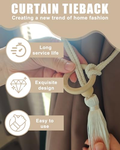 4 Pcs Boho Curtain Tiebacks Macrame Cotton Tassel Tiebacks Handmade Woven Rope Holdbacks with Leaf Design Beige Curtain Tassel Tiebacks for Indoor Outdoor Drapes Living Room Bedroom Patio Deco