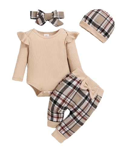 Doresbebe 3-6 Months Newborn Baby Girl Clothes Infant Girl Outfits Long Sleeve Ruffle Romper + Plaid-Apricot Pants + Hat+Headband Set