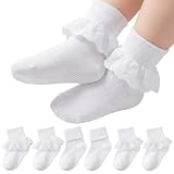 Jadive 6 Paar Weiße Rüschen Socken für Mädchen Spitzen Baumwollsocken Schule Ballett Umschlagsocken mit Klebstoff(1–3 Jahre)