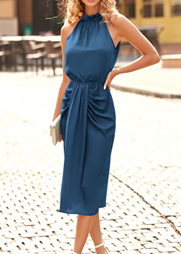 Kirundo Women 2023 Summer Satin Halter Ruched Bodycon Cocktail Dress Sleeveless Wrap Draped Slit Party Formal Midi Dresses(Dark Blue, Large) #TOP3