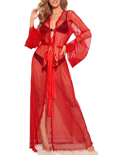 NewBull Womens Sexy Long Robe Sheer Lace Kimono See Through Lingerie Chemise Mesh Babydoll Flared Sleeves Dressing Gown Satin Belt (UK, Alpha, One Size, Regular, Regular, Red)