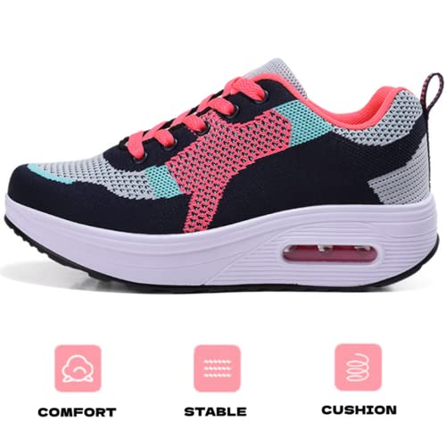Ruideng Platform Sneakers For Women | Women's Tennis Shoes | Air Cushion Thick Rocker Bottom | Splicing Colors Grey Pink Size 7 #TOP1
