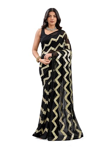 Svayi Women’s Georgette Golden Sequin Zigzag Embroidery work Saree for
