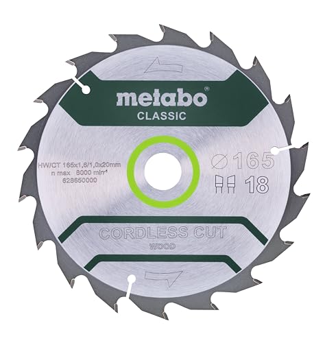 metabo Kreissägeblatt “Cordless Cut Wood - Classic” - 165 x 20 mm, 18 Zähne, WZ 20°, extra dünn, hohe Schnittleistung, langlebig - Ideal für Akku-Sägen