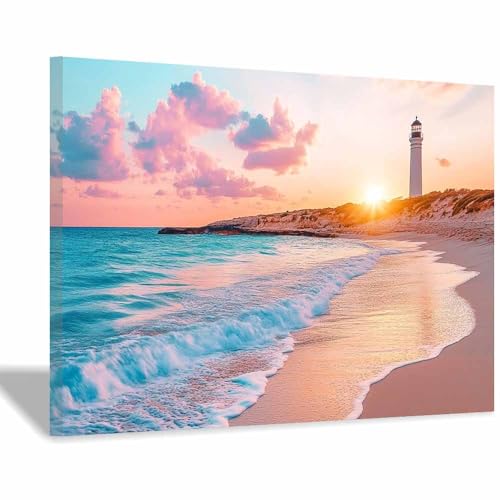 Tableau moderne phare au coucher du soleil 30x45cm avec cadre orange pour salon