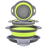 Cluren Collapsible Colander Set with Universal Draining Tray | 3-Pack Foldable Kitchen Strainers + Base | Space Saving for Pasta, Veggies, Fruit & Rice | 5 Colors (Gray-Green)