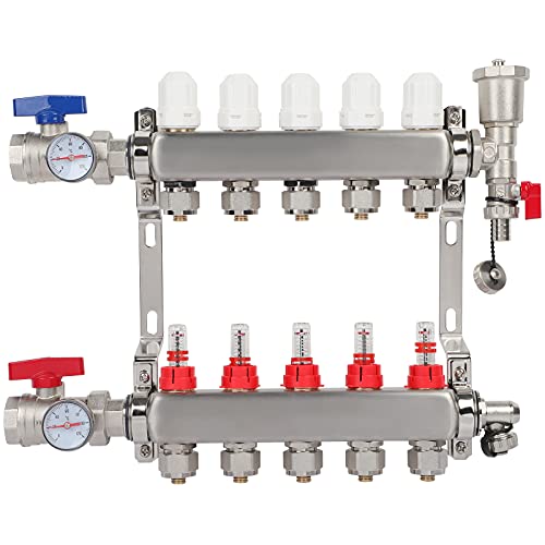 Radiant Floor Manifold Set 5 Loop Manifold Kit Stainless Steele 1/2