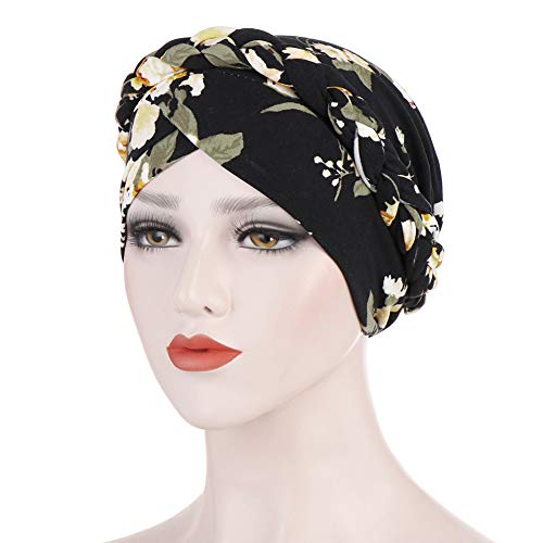 bjlongyi Chapéu turbante com estampa floral muçulmana feminino elástico Headwrap preto