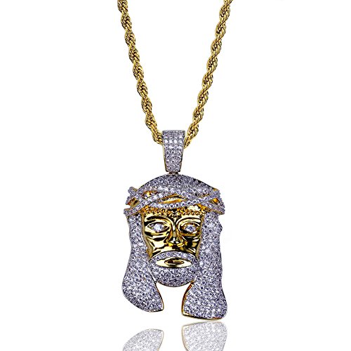 TOPGRILLZ Jesus Pendant Necklace Rope Gold Chain for Men Iced out 14K Gold Plated Simulated Diamond Chain Stainless Steel Chain 24 inch