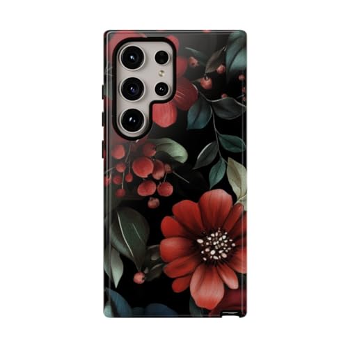 Coque Samsung S24 Ultra motif floral rouge foncé et vert antichoc brillante