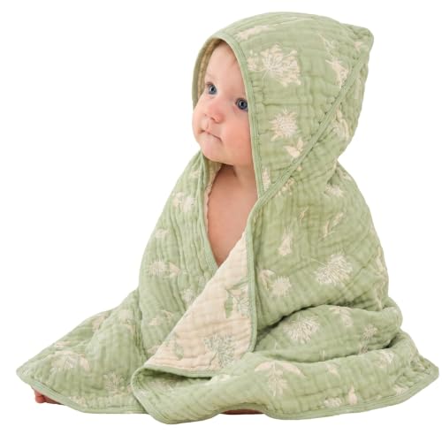 Image of Ultra-Soft Muslin Baby Hooded Towel - 32 x 32 Inches, Ideal for Bath & Beach, Suitable for Both Boys & Girls from Newborns to Toddlers (Sage Green Floral)